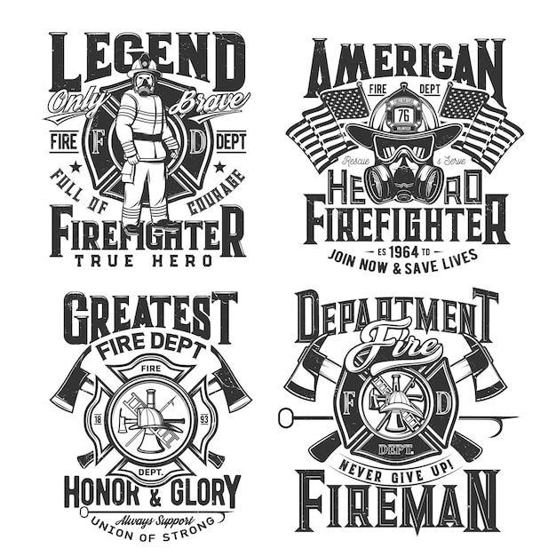 Estampa de camisetas com equipamento de bombeiro e máscara de gás, óculos e capacete com machado. Emblemas de vetor para design de vestuário. Conjunto de etiquetas de camiseta preta e branca do corpo de resgate da equipe de resgate do corpo de bombeiros