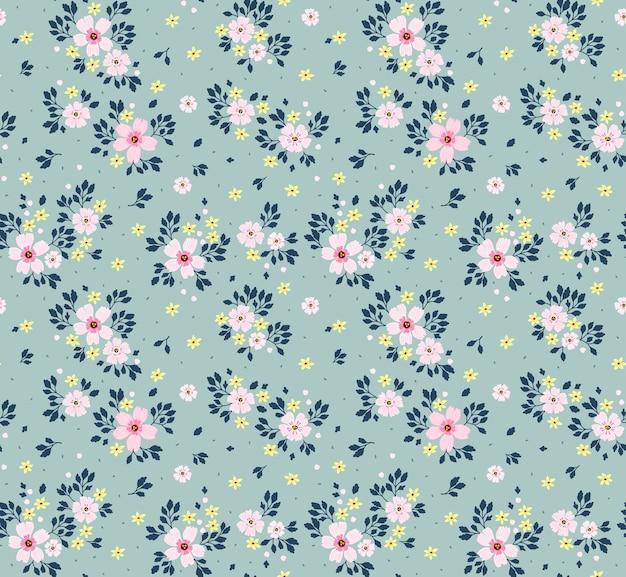 Estampa floral. Lindas flores, fundo azul claro. Impressão com pequenas flores rosa. Ditsy print