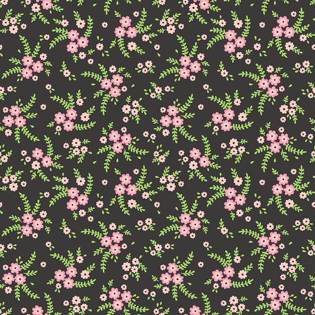 Vetor estampa floral. lindas flores, fundo verde escuro. impressão com pequenas flores rosa. ditsy print