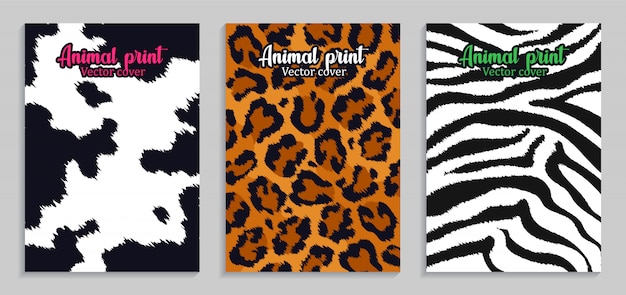 Estampas de animais de ilustração. couro e peles. vaca, leopardo, zebra