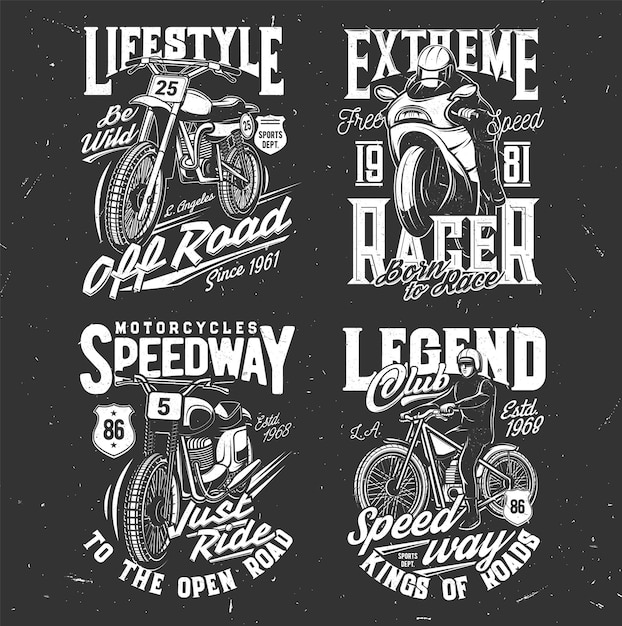 Vetor estampas de camisetas de speedway e motocross, corridas de bicicleta