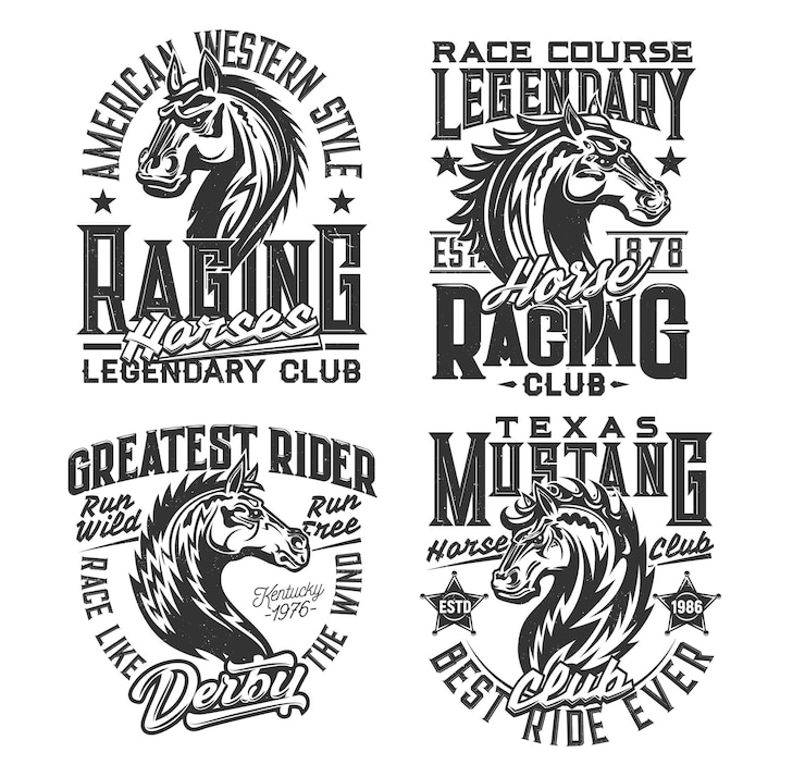 Vetor estampas de camisetas para esportes de corrida de cavalos e clubes equestres