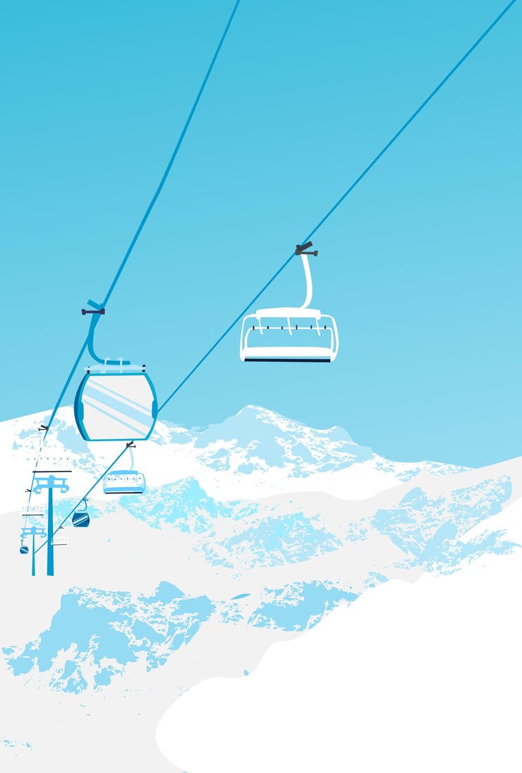 Estância de esqui Ilustração vetorial de um teleférico em movimento nas montanhas