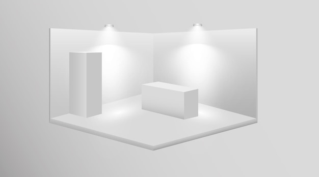 Vetor estande de exposição 3d conjunto branco em branco estande de publicidade com mesa de apresentação de sala de reunião em branco tem