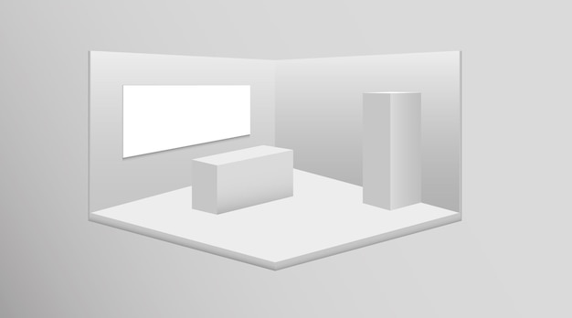 Estande de exposição 3D conjunto branco em branco estande de publicidade com mesa de apresentação de sala de reunião em branco tem