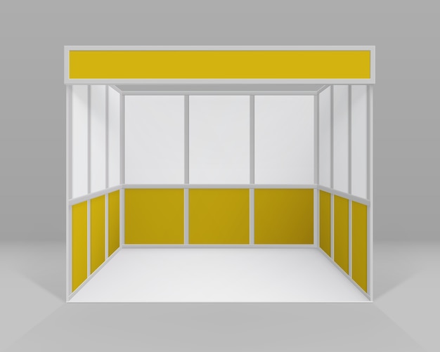 Vetor estande de exposição comercial interno branco amarelo em branco estande padrão para apresentação isolado