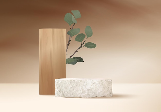 Estande de exposição de produtos cosméticos pódio de cilindro redondo branco e pedra branca com fundo de folha verde