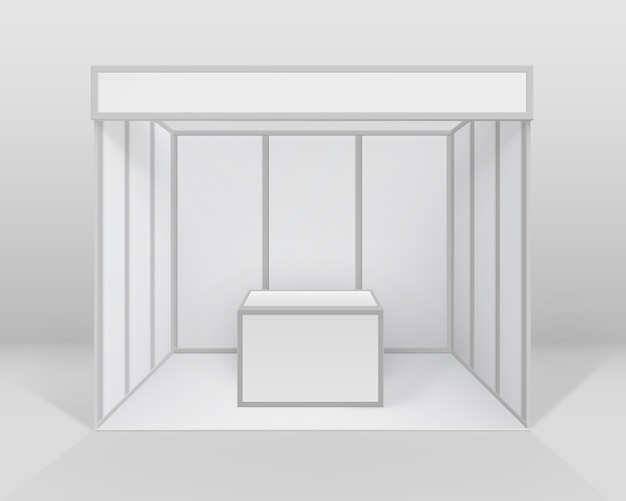 Vetor estande padrão de estande de exposição de comércio interno em branco branco para apresentação com balcão isolado no fundo