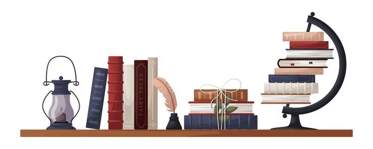 Vetor estante com pilha de livros lanterna com globo de vela tinteiro com pena livraria booksho