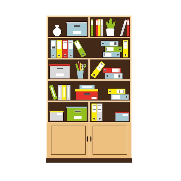Estante de escritório com livros e pastas para o conceito de interior. ilustração.