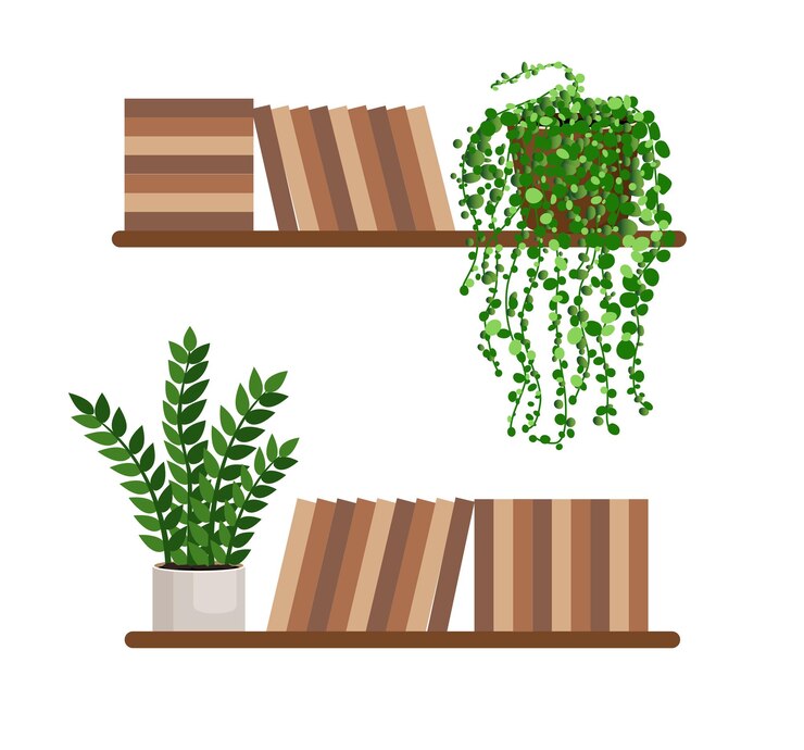 Vetor estantes com pilhas de livros com plantas da casa na parede ilustração vetorial de elementos de decoração de interiores