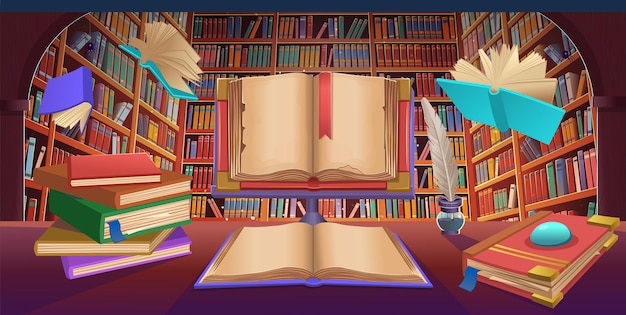 Estantes de livros da biblioteca com livros voadores, pilha de livros, velho livro aberto, ilustração vetorial dos desenhos animados.