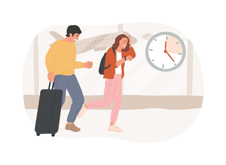Vetor estar atrasado para o voo isolado desenho animado ilustrações vetoriais casal chegando tarde para a aterrissagem de um