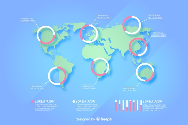 Estatísticas de dados do gráfico de pizza do infográfico de mapa do mundo