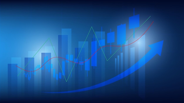 Estatísticas de negócios financeiros com gráfico de barras e gráfico de velas mostram um fundo de ganhos eficaz