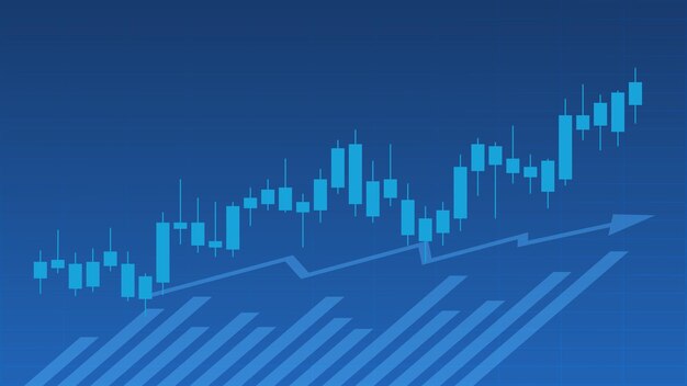 Estatísticas de negócios financeiros com gráfico de barras e gráfico de velas mostram um fundo de ganhos eficaz