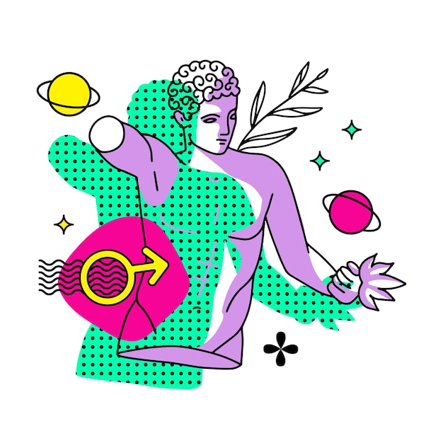 Estátua antiga grega de personagem masculino trippy com planeta e elementos surreais vector illustrati linear