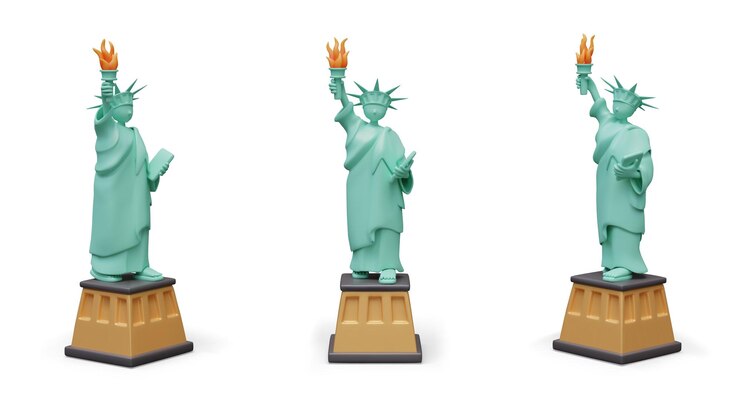Vetor estátua da liberdade em estilo 3d elemento vetorial decorativo em diferentes posições