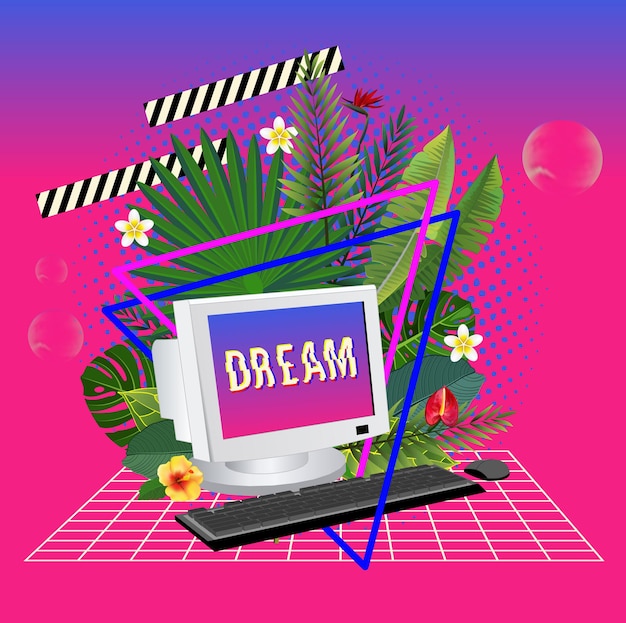 Estátua de vaporwave com computador e folhas 3d ilustração inspirada nos anos 80