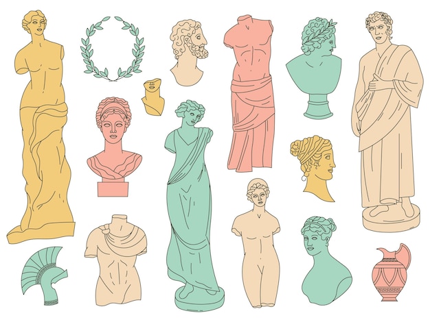Vetor estátuas antigas de deuses gregos e esculturas antigas. monumentos, bustos e cabeças de mármore de deuses antigos conjunto de ilustração vetorial. estátuas de deuses e deusas gregos. escultura antiga e antiga