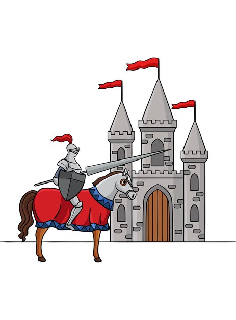 Vetor este clipart de desenho animado mostra um cavaleiro montando um cavalo na frente de uma ilustração de castelo