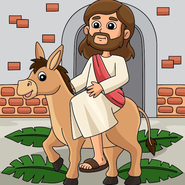 Vetor este clipart de desenho animado mostra um jesus cristão na ilustração do domingo de ramos