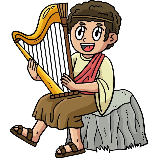 Este clipart de desenho animado mostra uma ilustração de davi tocando a harpa