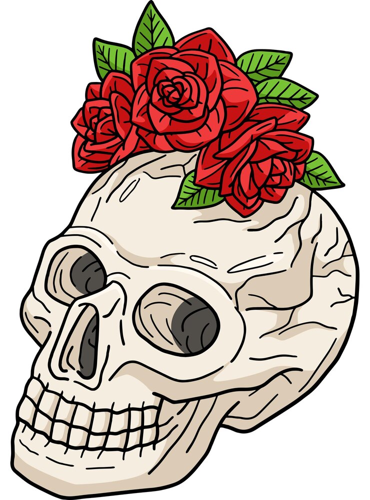 Vetor este clipart de desenho animado mostra uma ilustração de halloween skull and roses