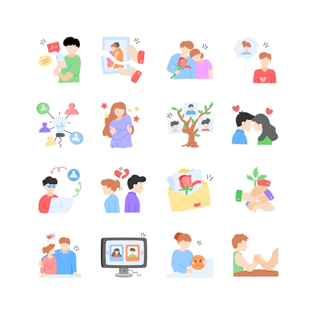 Este conjunto de ilustrações mostra diferentes relações de conexão e afeto para