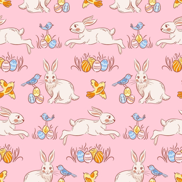 Este padrão sem costuras destaca coelhos de Páscoa brincalhões, pássaros alegres e ovos de desenho intrincado