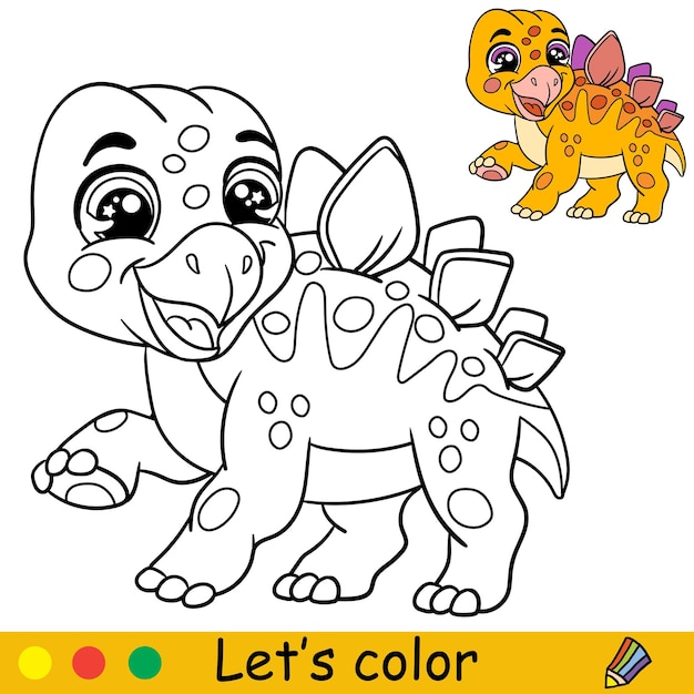 Estegossauro de dinossauro fofo dos desenhos animados página de livro de colorir com modelo colorido para crianças ilustração isolada em vetor para design de festa de jogo de impressão de livro de colorir