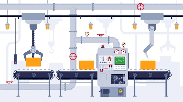 Esteira. Correia transportadora industrial, equipamento de fabricação, processo de transporte de produto, conceito de vetor de produção de automação eficiente. Linha de produção automática com caixas com máquina automática