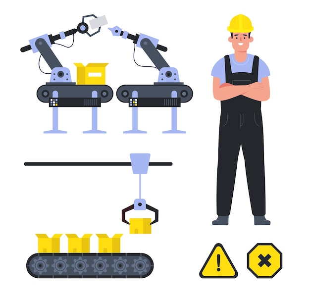 Esteira transportadora e um trabalhador manual adicionais avisam sinais industriais