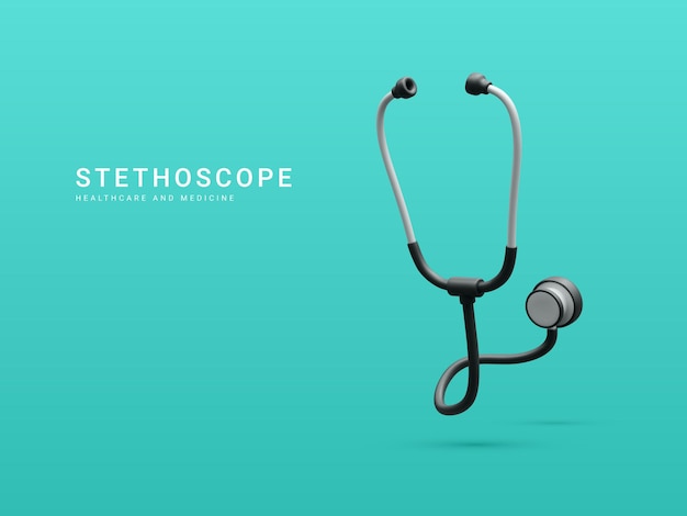 Estetoscópio médico realista 3d isolado em fundo azul Consulta médica on-line e conceito de saúde ilustração vetorial