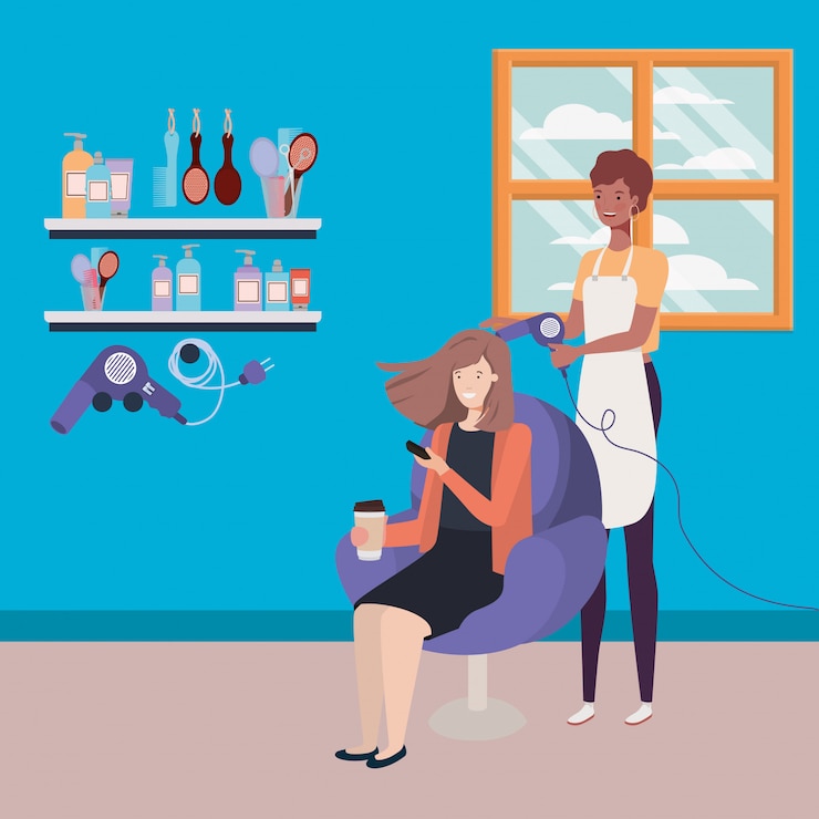 Vetor estilista que fixa o cabelo ao cliente nos caráteres do salão de beleza