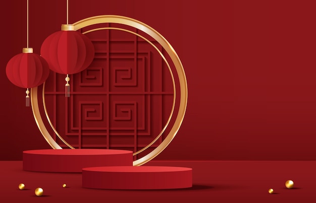 Estilo chinês de palco de pódio para o ano novo chinês e festivais ou festival de meados do outono com fundo vermelho mock up stage com lanternas festivas e design vetorial de nuvens