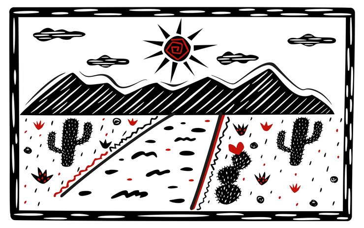 Vetor estilo cordel brasileiro paisagem com igreja estilo woodcut