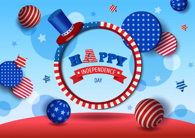 Estilo da ilustração 3d do Dia da Independência EUA. design com moldura de círculo e padrão de bandeira