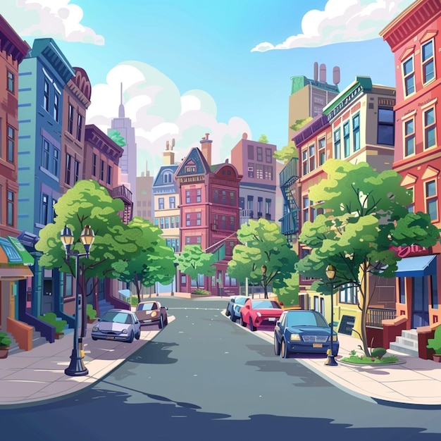 Vetor estilo de animação 3d vector livre cena da cidade com carro de paisagem e fundo de edifício