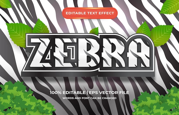 Estilo de animais com efeito de texto editável zebra 3d