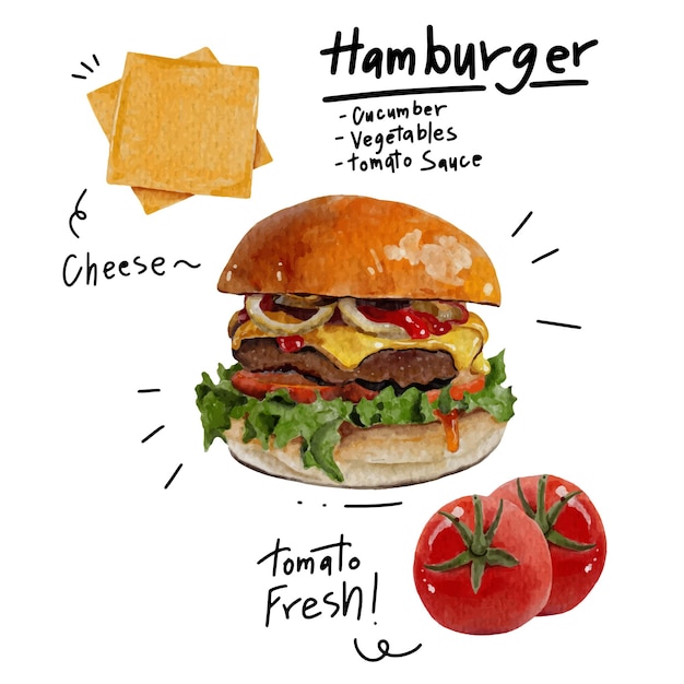 Estilo de aquarela de hambúrguer desenhado à mão