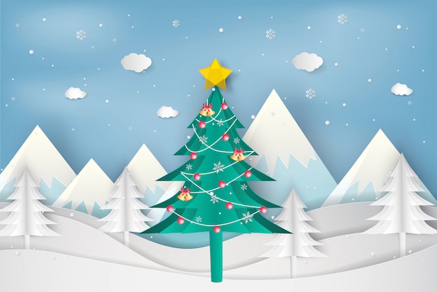 Estilo de arte de papel da árvore de Natal no inverno com fundo de paisagem