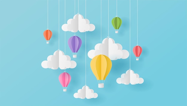 Estilo de arte de papel de balões coloridos de ar quente e nuvem no céu azul ilustração vetorial