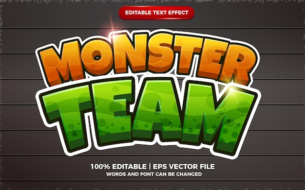 Vetor estilo de desenho animado 3d com efeito de texto editável monster team