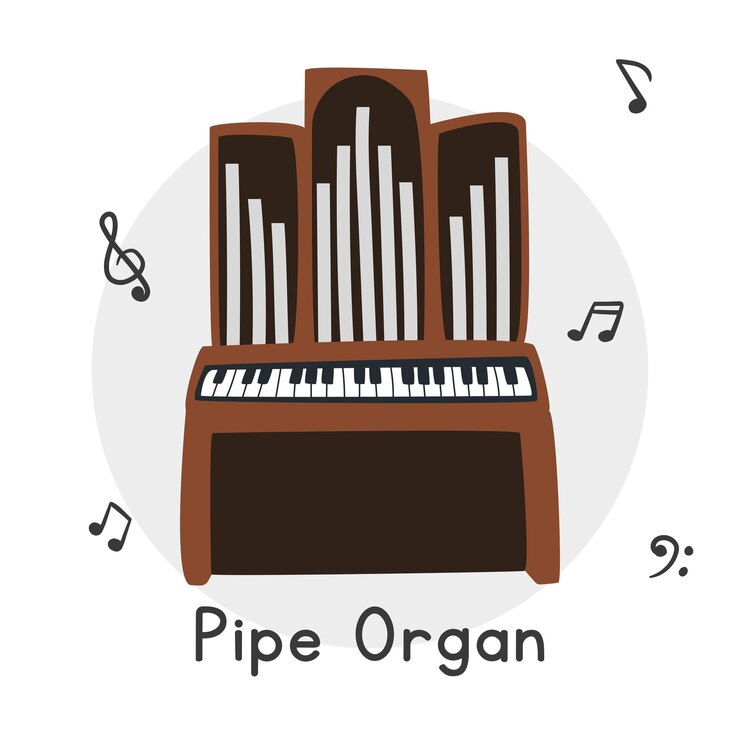 Vetor estilo de desenho animado de clipart de órgão de tubo, vapor, ilustração vetorial plana de órgão de igreja rabisco desenhado à mão