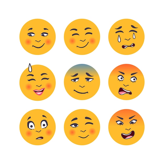 Estilo de desenho animado de coleção de emoticons na ilustração vetorial de fundo branco