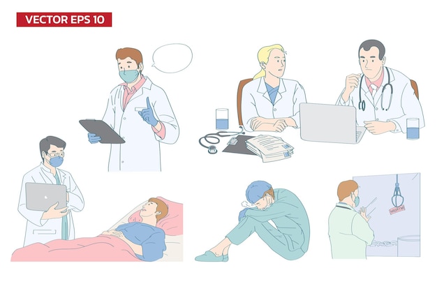 Estilo de desenho animado de doutor com diferentes atividades conjunto de ilustrações vetoriais planas