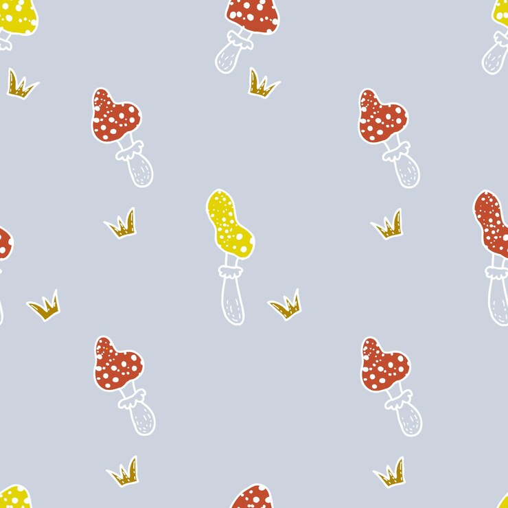 Vetor estilo de desenho animado doodle padrão perfeito de cogumelos vermelhos e amarelos, cogumelos e grama ilustração vetorial desenhada à mão perfeito para scrapbooking têxtil e estampas