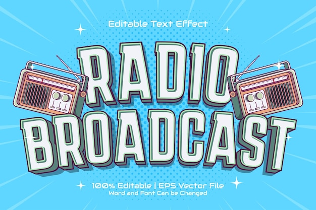 Vetor estilo de desenho animado editável de efeito de texto de transmissão de rádio