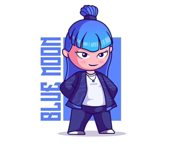 Vetor estilo de desenho animado plano vetor de ícone de ilustração de menina de cabelo azul